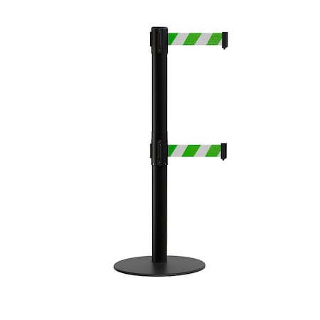 Stanchion Dual Belt Barrier Flat Base Black Post 11ft.Grn/Whi Belt